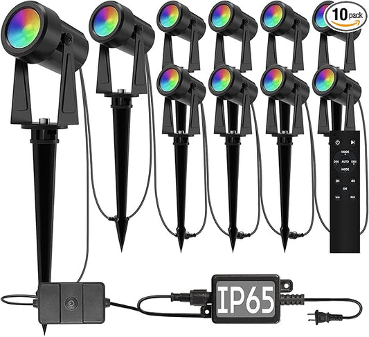 SUNTHIN Outdoor Landscape Lighting with Remote, RGBW Color Changing Spot Uplights,10 Pack