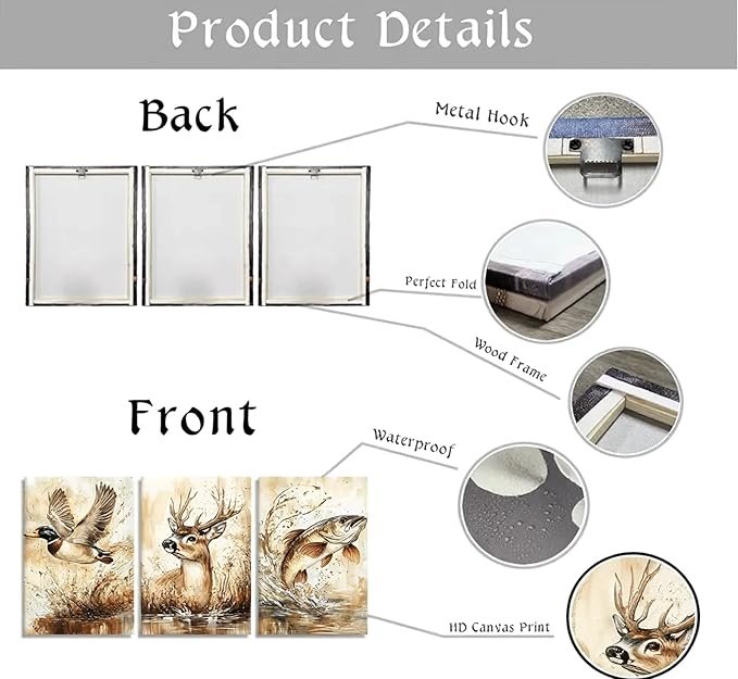 3Pcs Rustic Outdoor Wildlife Canvas Wall Art,Watercolor Deer Duck And Fish Wall Decor Pictures,Vintage Farmhouse Hunting Posters Prints,for Living Room Bathroom Kitche Home Decoration