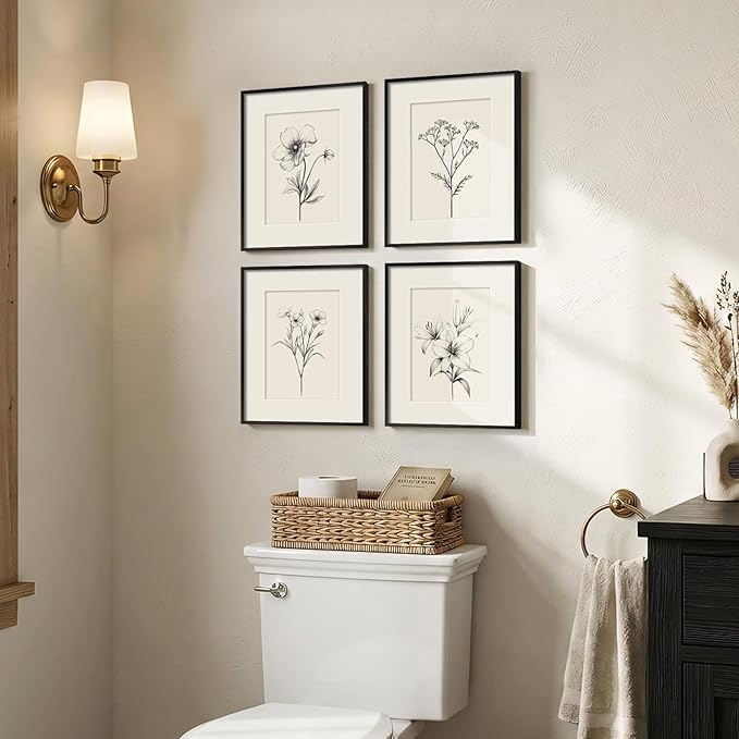 Framed Black and White Botanical Wall Art, Farmhouse Rustic Flower Artwork