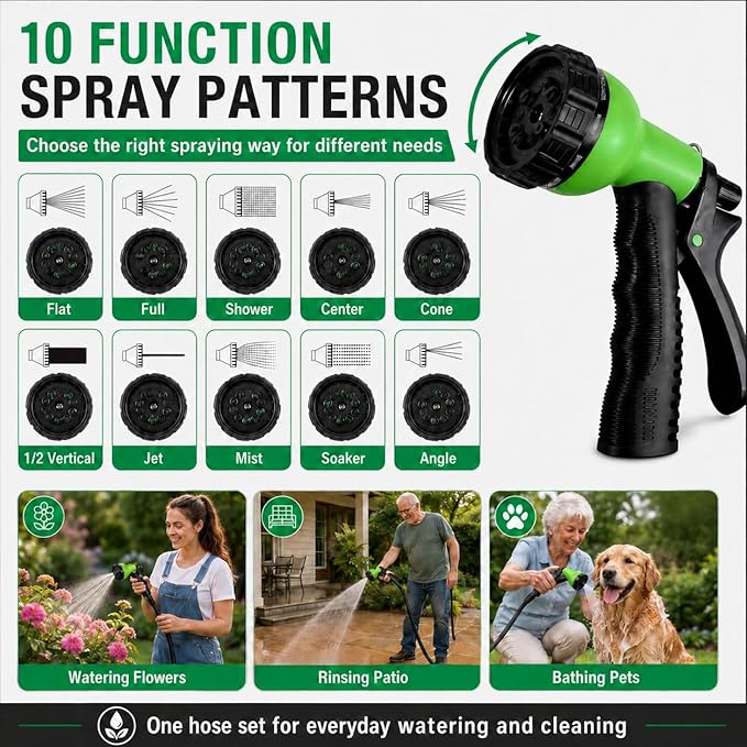 50FT Lightweight Flat Garden Hose for Women & Seniors, Non-Expandable Water Hose with 10-Pattern Spray Nozzle, Easy Storage No-Kink Hose for RV, Patio, Small Backyard, Car Wash & Everyday Watering