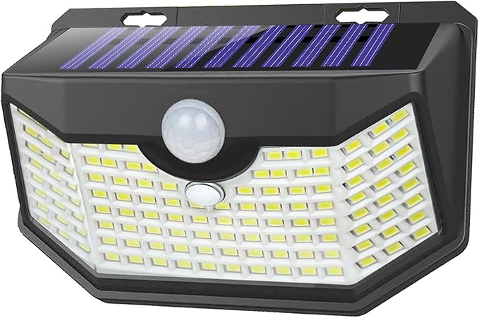 HMCITY 120 LED Solar Lights Outdoor with Motion Sensor and 3 Lighting Modes, IP65 Waterproof Wide Solar Wall Lights Ideal for Garden Patio Yard (Front Button 1Pack, Black Shell-Daylight White)
