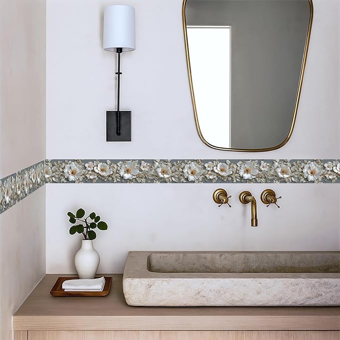 Pearl Wallpaper Border 196x4 Inch Peel and Stick Wall Border Elegant Gray White