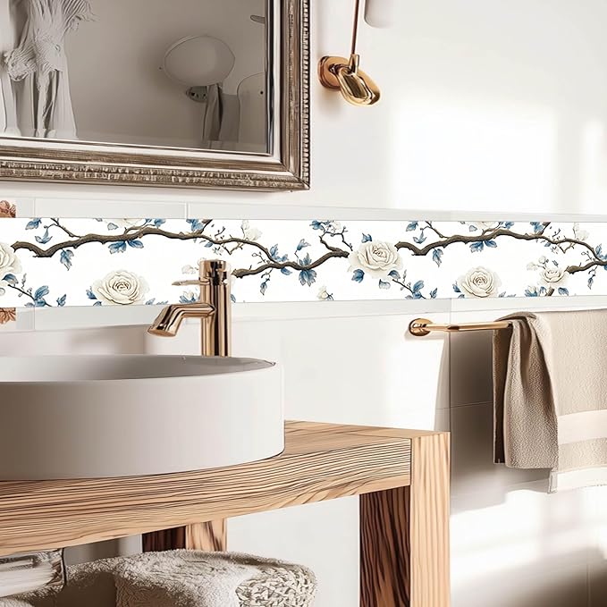 IVN Wallpaper Border Peel and Stick PVC Rose and Branch Design 4x196 Inch