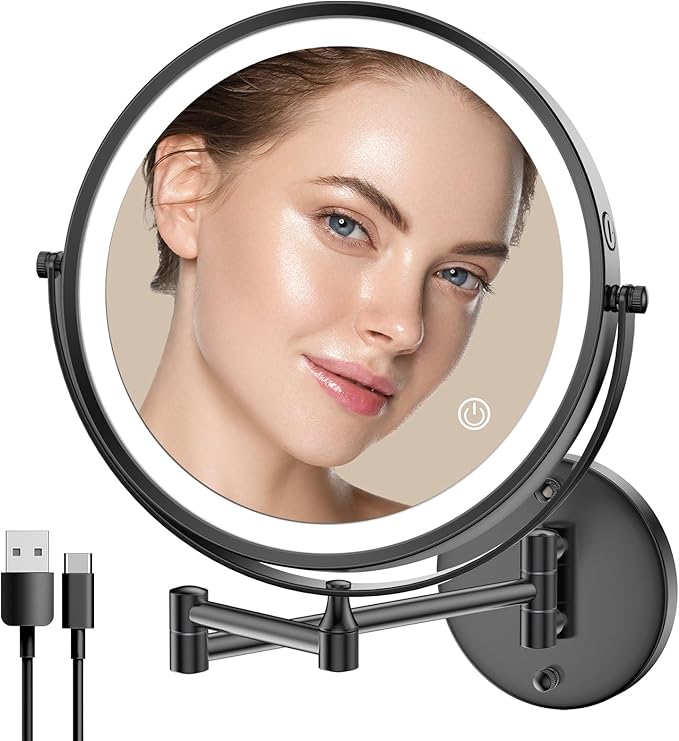 Rocollos 9" Wall Mounted Lighted Makeup Mirror, Large Double Sided 1X/10X