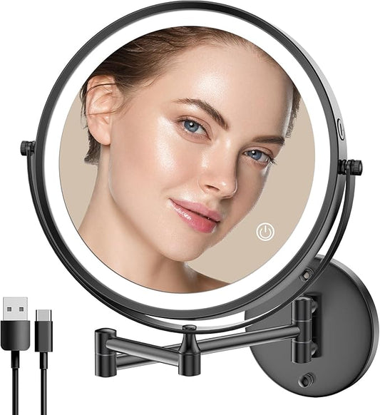Rocollos 9" Wall Mounted Lighted Makeup Mirror, Large Double Sided 1X/10X