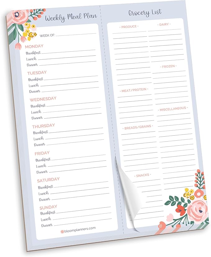 bloom daily planners Weekly Magnetic Meal Planning Pad for Fridge with Tear-Off Grocery Shopping List - Hanging Food/Menu Organizer Notepad with Magnets - 8.5” x 11”