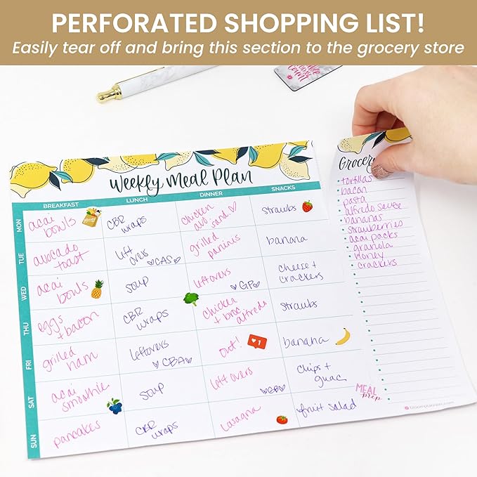 bloom daily planners Horizontal Weekly Magnetic Meal Planning Pad for Fridge with Tear-Off Grocery Shopping List - Hanging Food/Menu Organizer Notepad with Magnets - 8.5” x 11” - Lemons
