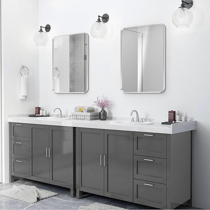 Wall Mount Mirror for Bathroom, Brushed Silver Metal Framed Rounded Corner