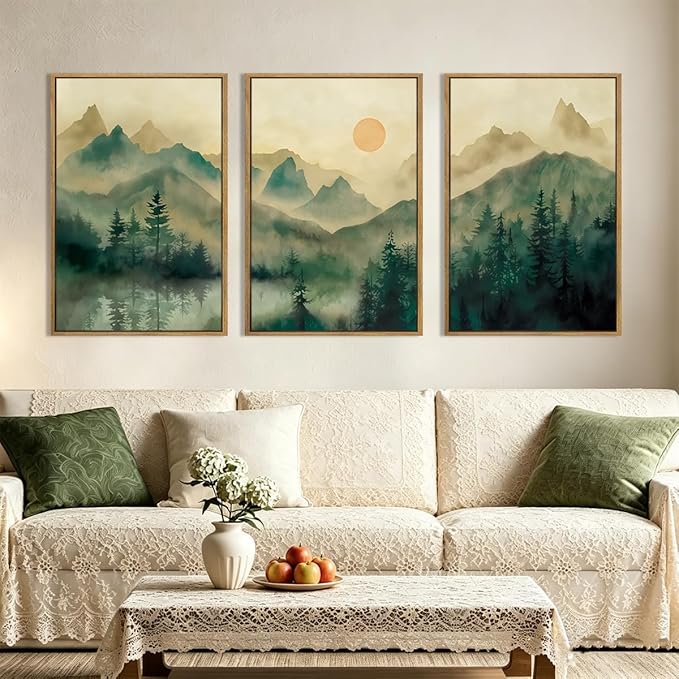 IARTTOP Large Mountain Framed Canvas Wall Art 16x24 Inch Green Foggy Forest Landscape Art Prints Set of 3 Nature woodland Landscape Wall Decor for Living Room Bedroom Office
