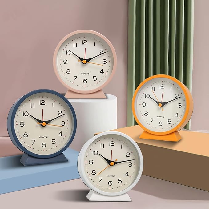 SHISEDECO 4.5" Battery Operated Antique Retro Analog Alarm Clock, Small Silent Bedside Deskclock with Light Function, Non-Ticking Tableclock Decor for Living Room, Bedroom, Bedside, Shelf (White)