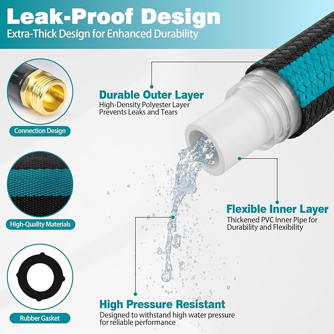 75FT Garden Hose, Kink-Free Non-Expandable Flexible Water Hose with 10-Pattern Spray Nozzle, Lightweight Leakproof Flat Hose with 3/4” Solid Brass Connector for Yard, Lawn & Outdoor Use