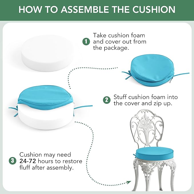 Summsun Outdoor Bistro Chair Cushions Set of 2, 15" D x 3" H Round Chair Cushions Waterproof and Fade Resistant Chair Cushion Pads with Non-Slip Ties and Removable Covers for Garden, Teal