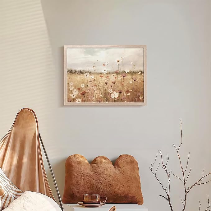 Framed Vintage Wildflower Wall Decor Light Colored Wildflower Print Country Floral Canvas Painting Natural Botanical Landscape Wall Decor for Farmhouse Living Room or Bedroom 12x16 Inch