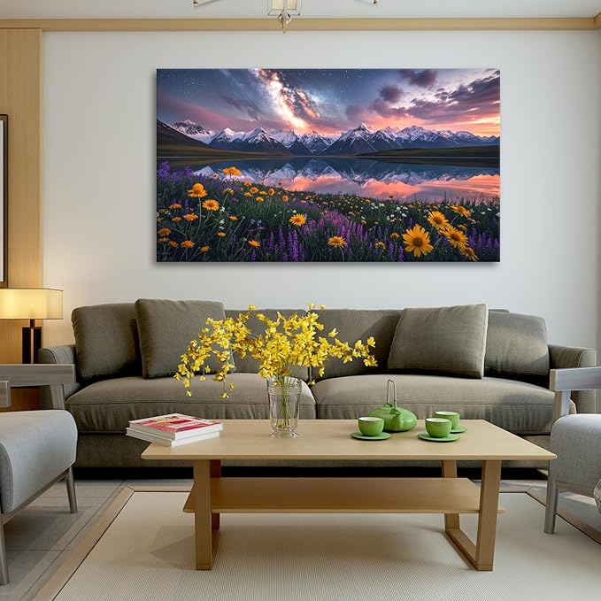 JLXART Wall Art Yellow Sunflower Field Canvas Mountain Artwork Landscape Print for Living Room Framed 20x40inch