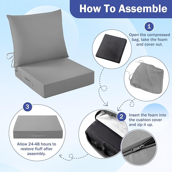 IASEAHK Outdoor Seat Cushion Set, Waterproof & Fade Resistant Patio Chair Cushions, Outdoors Cushion for Patio Furniture, 24 x 24 x 5.75 Inch, Outdoor Couch Cushions with Handle and Ties, Grey