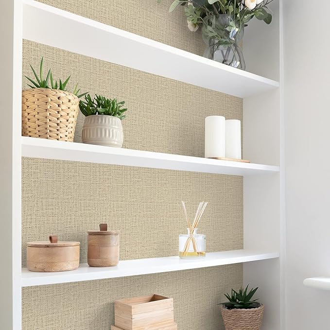 TANONE Khaki Contact Paper Peel and Stick Wallpaper, Grasscloth Beige Wallpaper