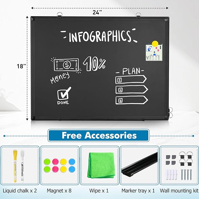 Magnetic Chalk Board, 24“x18” Black Chalkboard Double-Sided Dry Erase Board