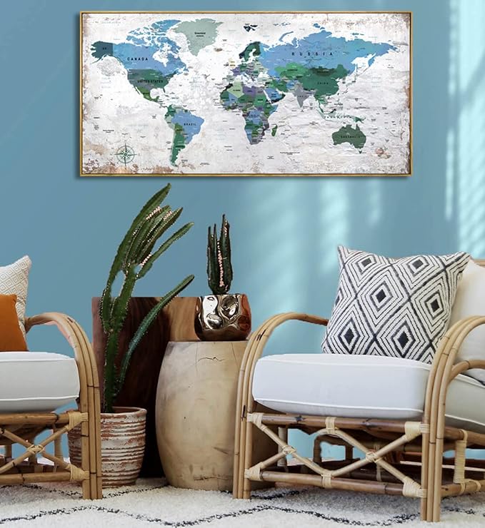 Framed Wall Art World Map Wall Art Canvas Picture 30inchx60inch Large Blue Map