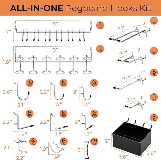 INCLY 120PCS Pegboard Accessories Organizer Kit, Peg Board Hooks Assortment with Bins for Organizing Various Tools, Fit 1/8 or 1/4 inch Pegboard for Hanging Storage, Garage Wall Attachments
