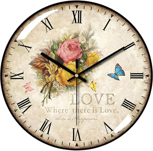 Decorative Wall Clock Battery Operated, 12-Inch Retro Vintage Floral Butterfly