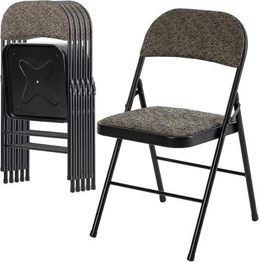 DUMOS 6 Pack Folding Chairs with Padded Cushion and Back - Fabric Stackable Portable Dining Chairs Set, for Home and Office, Conference, Wedding, Party, Patio, Garden, for Indoor Outdoor, Black Grey