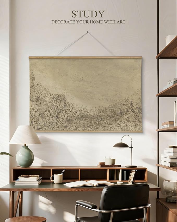 ARPEOTCY Extra Large Vintage Framed Wall Art, 36x54 Inch Sketch Valley Mountain Landscape Hanging Canvas Prints, Scroll Wall Decor for Living Room Bedroom, Retro Scenery Pictures Above of Bed