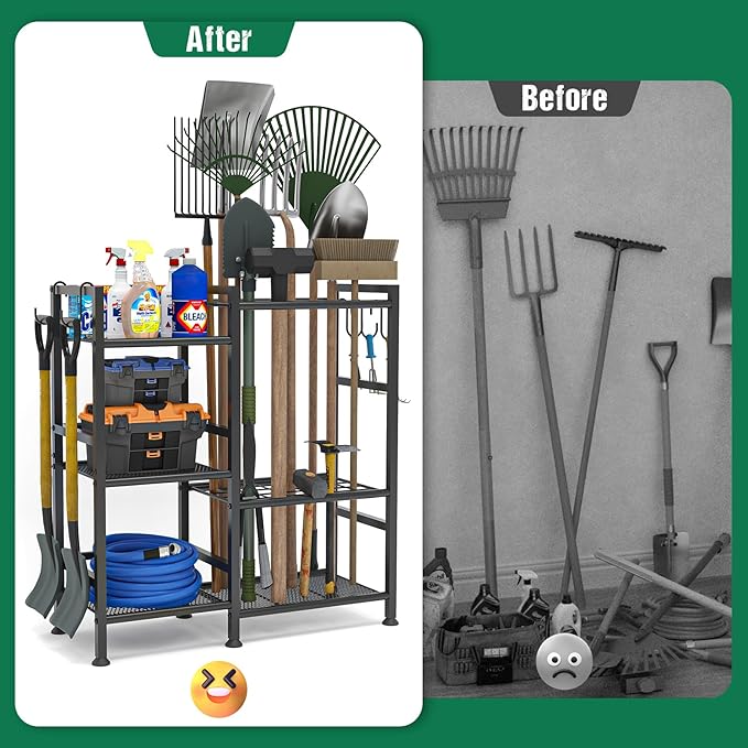 keomaisyto Garden Tool Organizer for Garage Organization, 3 Tier Yard Tool Storage Rack with 35 Long-Handled Tool Slots, Heavy Duty Garden Tool Holder with Large Hooks for Shed, Yard, Garage