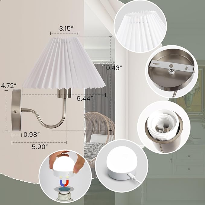 Wireless Wall Sconce Sets of 2, Pleated Shades Rechargeable Battery Operated