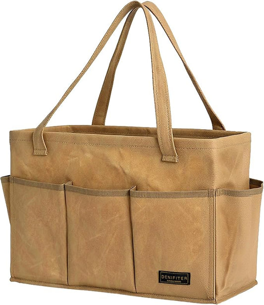 Denifiter Heavy-Duty 16-oz Waxed Canvas Tool Bag with Metal Frame - Collapsible Organizer Tote Bag(Khaki | 15.5"x7.5"x10.5")