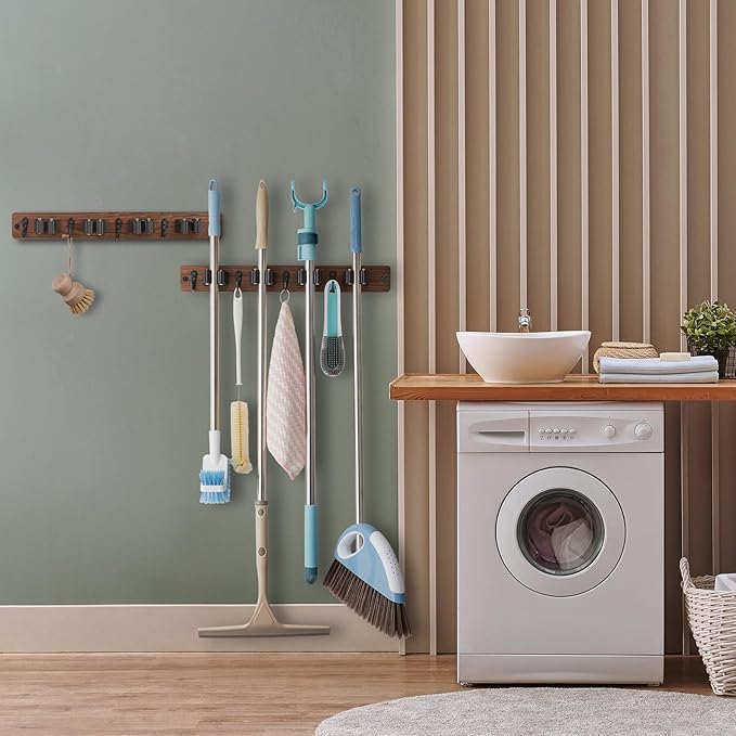 OUTNILI 2 Pack Mop Broom Holder Wall Mount - Wood Broom Mop Hanger - Wall Mounted Garden Tool Rack Organizer for Closet Garage Laundry Room Farmhouse Rustic Kitchen Decor With 4 Slots & 4 Hooks
