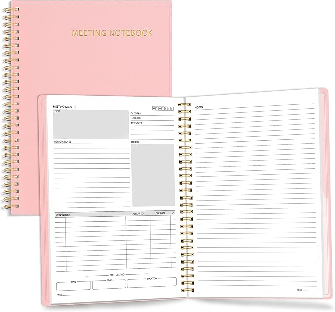 SUNEE Half Meeting Half Note - 7.5"x10" Professional Notebooks for Work - 160 Pages, B5 Size Project Planner, Spiral Meeting Agenda/Minutes Organizer for Women Men, Note Taking, Office & Business