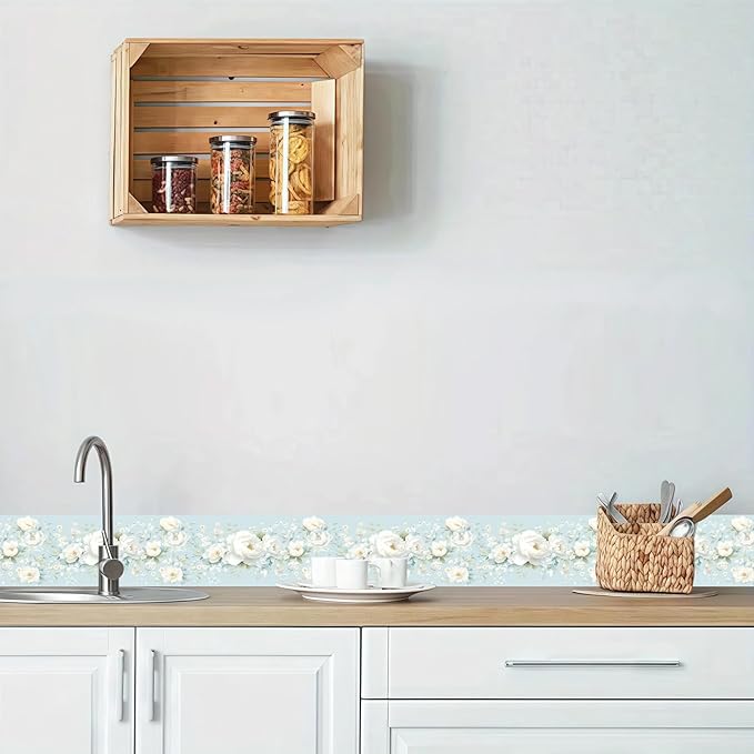 3D Floral Blue Wallpaper Border White Peony Peel and Stick Wall Border Self