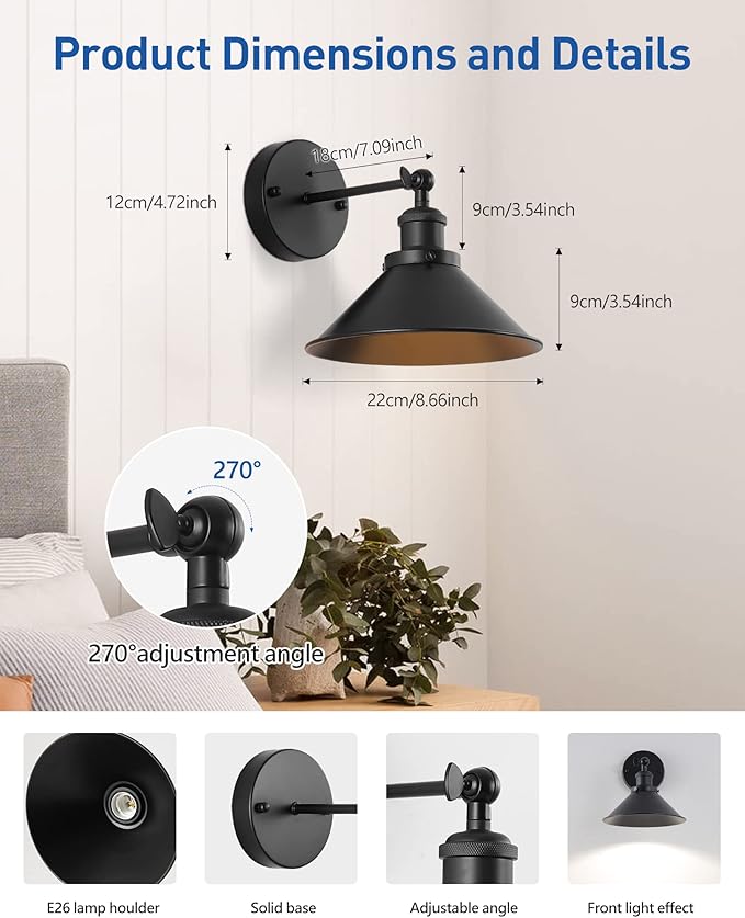 Bailoch Black Vintage Wireless Battery Operated Wall Sconces, Industrial