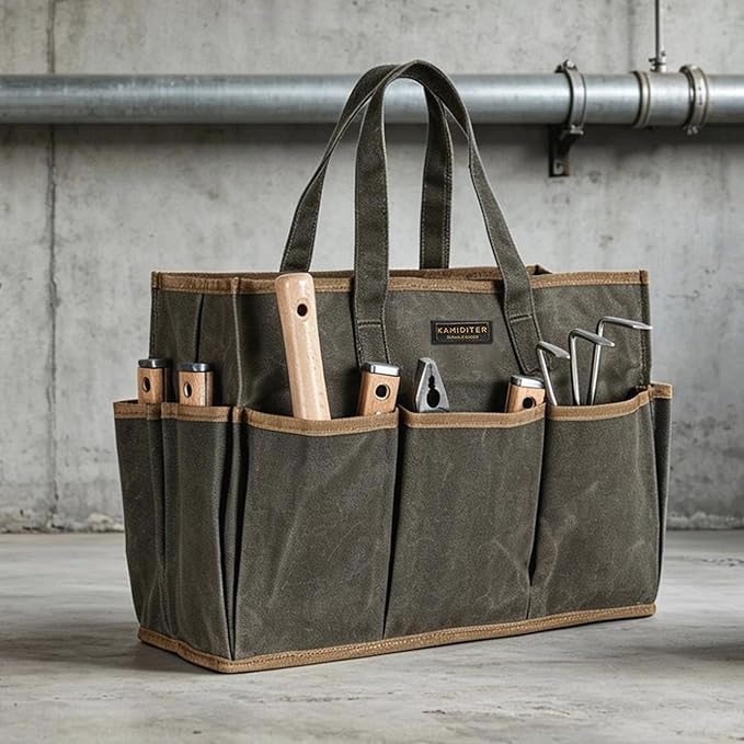 Waxed Canvas Tool Bag Tote, 14 Inch Heavy Duty Tool Organizer with 10 External Pockets & 1 Large Compartment, Army Green