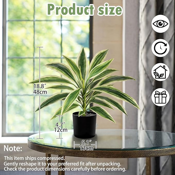 Artificial Plants Indoor with Pot, 18" Fake Potted Plants Medium Artificial Dracaena Plant in Black Pot Faux Tropical Plants for Bathroom Living Room Office Desk Shelf Decor