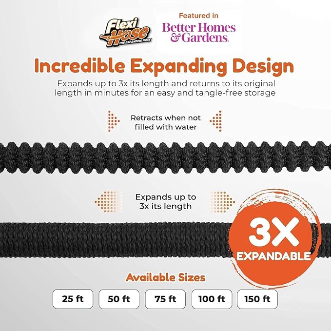 Flexi Hose Plus Expandable Garden Hose with 8 Function Nozzle, 150FT - Lightweight Retractable Garden Hose, Water Hose - No-Kink Flexibility, 3/4 Inch Solid Brass Fittings Includes Hook & Bag