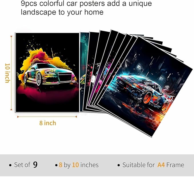 tgguytiy 9pcs Car Wall Art Prints Racing Car Canvas Posters Fashion Wall Decor