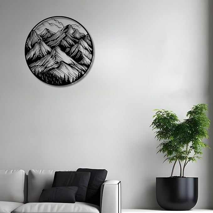 Metal Wall Decor | 17'' x 17'' x 0.05'' Mountains Themed Metal Wall Art | Handmade Indoor and Outdoor Wall Decorations