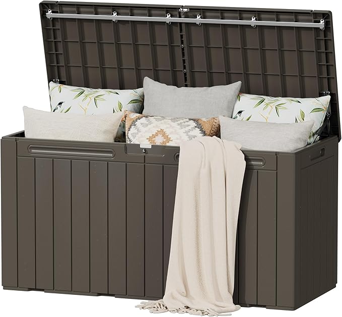 Flamaker Resin Deck Box 100 Gallon Large Lockable Outdoor Storage Box Waterproof Deck Chest for Patio Cushions, Garden Tools, Accessories (Deep Brown)