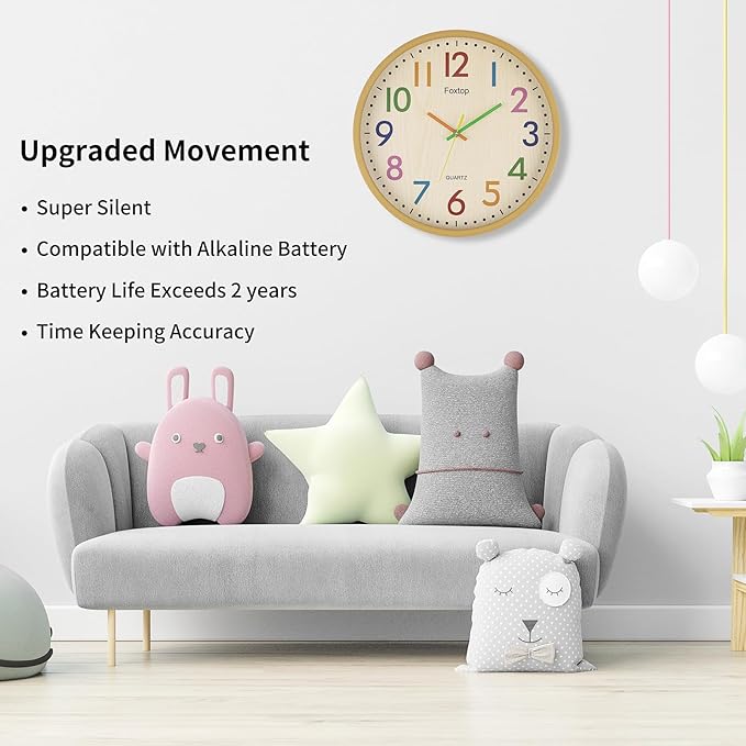 Foxtop 14 Inch Kids Wall Clock Silent Non-Ticking Battery Operated Colorful