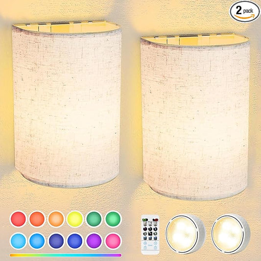 FINCMY Battery Operated Wall Sconces Set of Two, 18 RGB Colors Stick on Wall