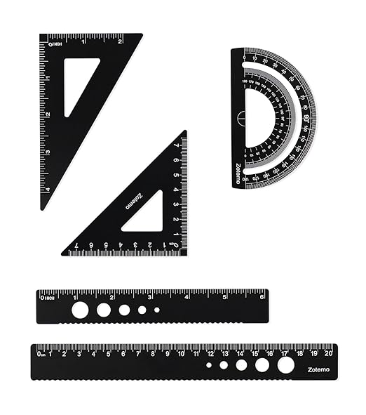 Zotemo Metal Geometry Set, 5-Piece Aluminum Ruler, Math Drafting Ruler Kit Includes Protractor, Triangle Rulers, Straight Rulers-Math Measurement Tools for School and Office Supplies (Black)