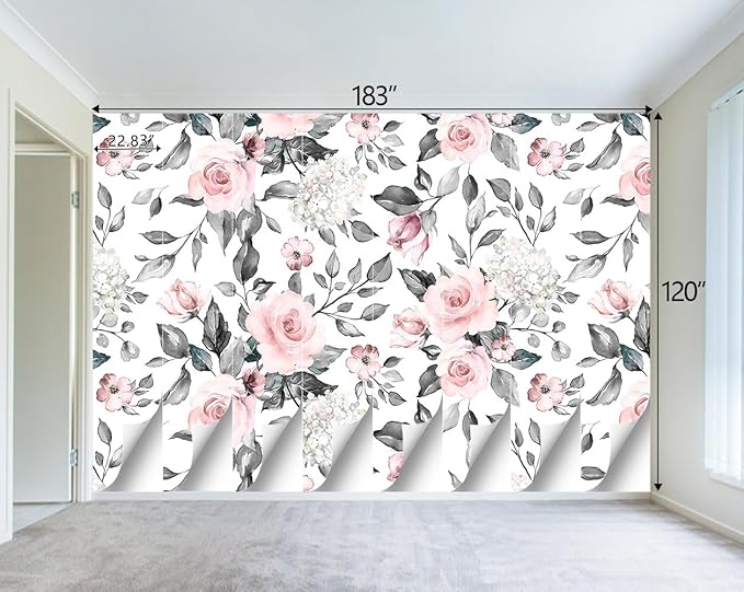 Grey Leaf Pink Flowers Mural Bedroom Floral Wallpaper Room Decor Living Room tv