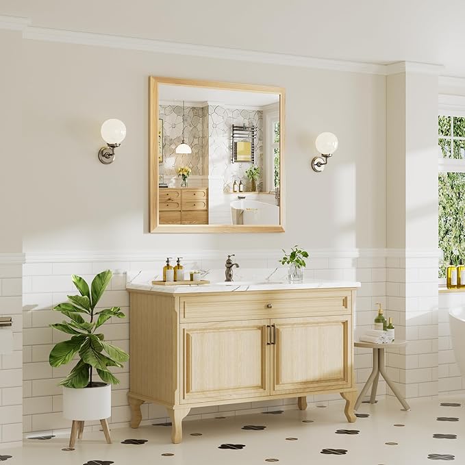 40x38 Inch Bathroom Mirror for Wall, Anti-Rust Oak Wood Grain Metal Framed