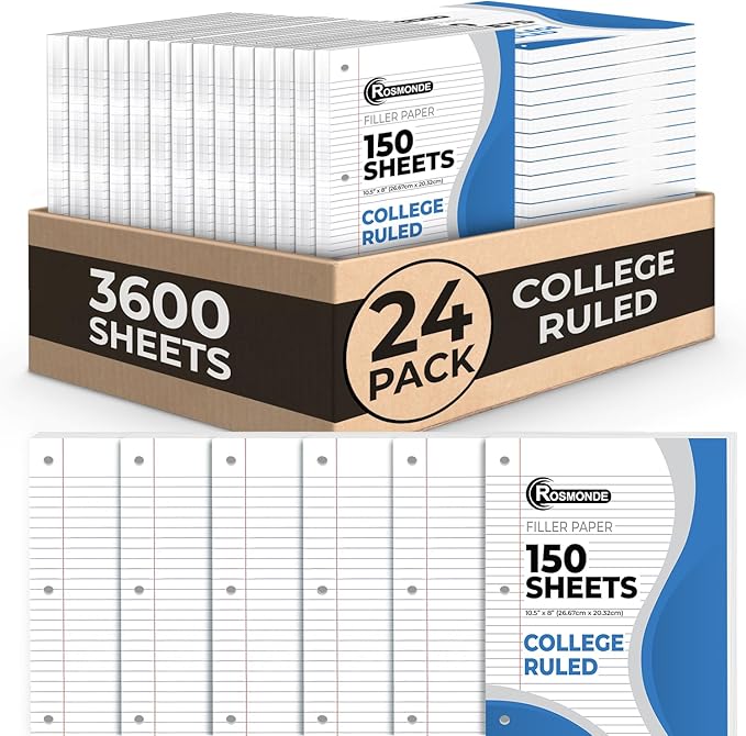 Rosmonde Loose Leaf Paper Bulk, 3600 Sheets, 24 Pack, College Ruled Sheets, 8 x 10.5", 150 Sheets/Pack, 3 Hole Punch, Bulk Notebook Paper, Filler Sheets, Fits Standard Binders, Fights Ink Bleed, White