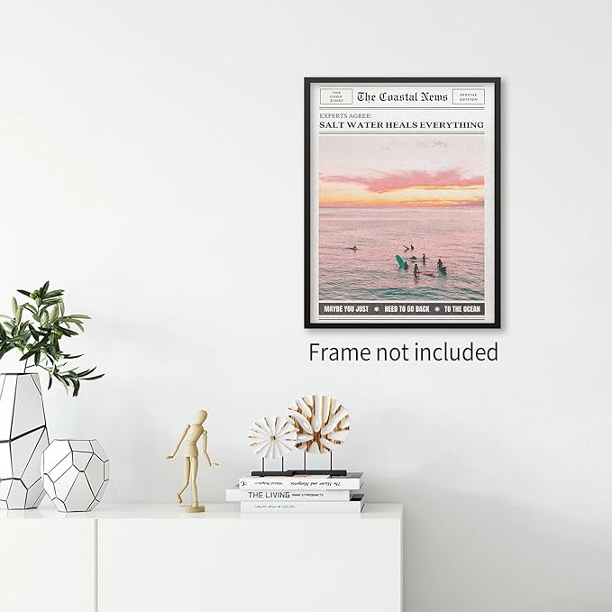 Pink Beach Newspaper Posters Vintage Fashion Coastal Girl Surf Wall Art Grainy