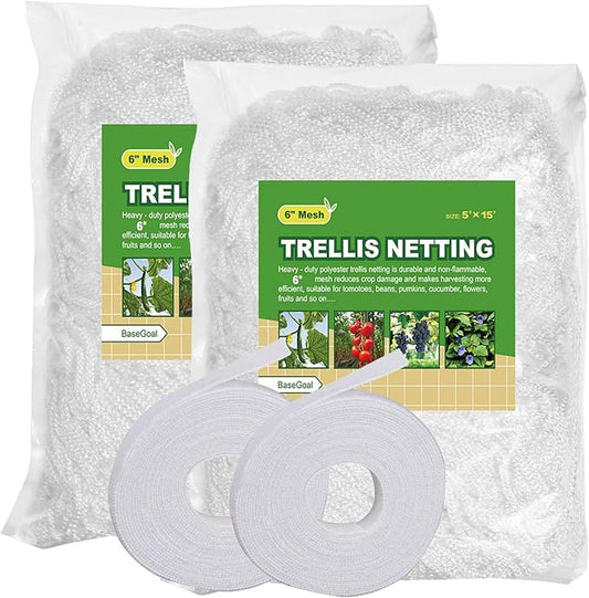 BaseGoal All-Weather Trellis Netting Mesh Plant Garden Vine Growing Flexible String Net (6" Mesh 5' x 15'-2Pack)