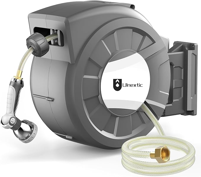 Retractable Garden Hose Reel, 1/2 in x 125 ft Wall Mounted Hose Reel, 10-Pattern Spray Nozzle, Any Length Lock/Slow Return System/Wall Mounted/180Â°Swivel Bracket