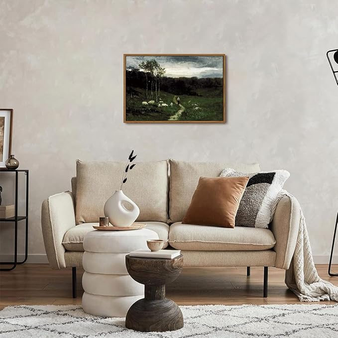 OIQArtOIQ Framed Vintage Landscape Wall Art Shepherd Natural Scenery Oil