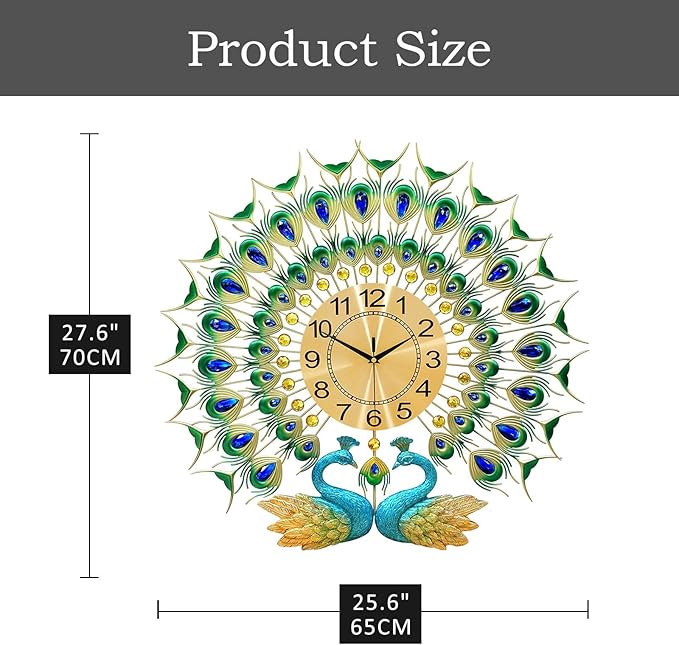 Large Peacock Wall Clock 27.6 inch Non-Ticking Silent Crystal Creative